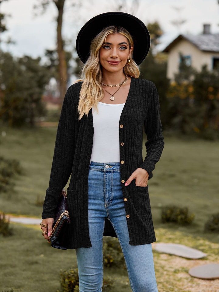 Women's knitted jacket with V-neck and practical pockets Lune London