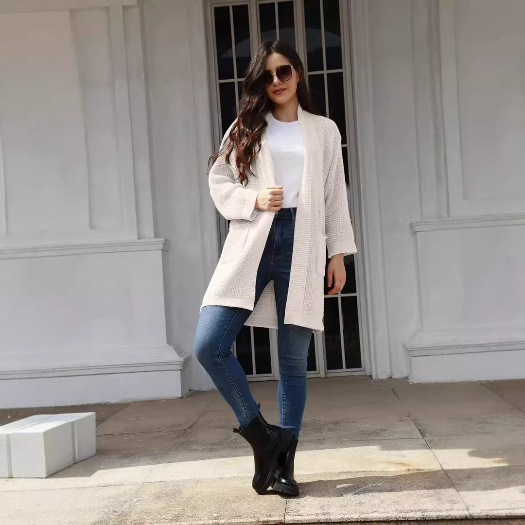 Casual knitted cardigan for women with open pockets and modern waffle pattern Lune London