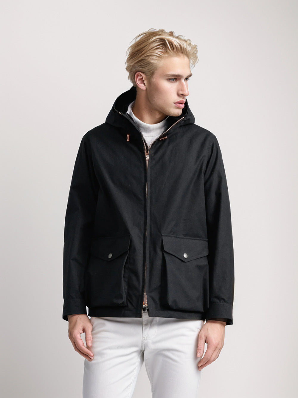 Transitional jacket for men with practical pockets and adjustable hood collar Lune London