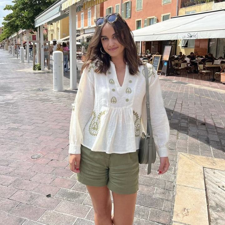 Embroidered blouse for women with puff sleeves and V-neck Lune London