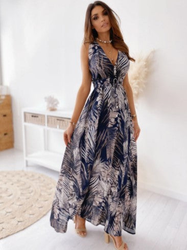 Bohemian maxi dress for women with deep V-neck and tie belt Lune London