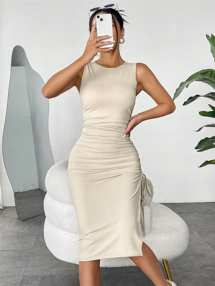 Fitted midi dress for women with decorative ruched effect and side laces Lune London