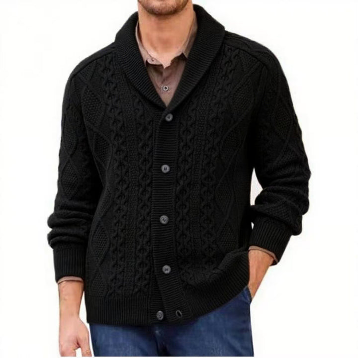 Men's knitted jacket with a clear braid pattern and a modern high collar Lune London