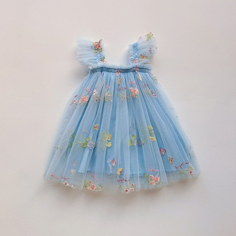 Girls Embroidered Tulle Party Dress with Ruffle Straps Lune London