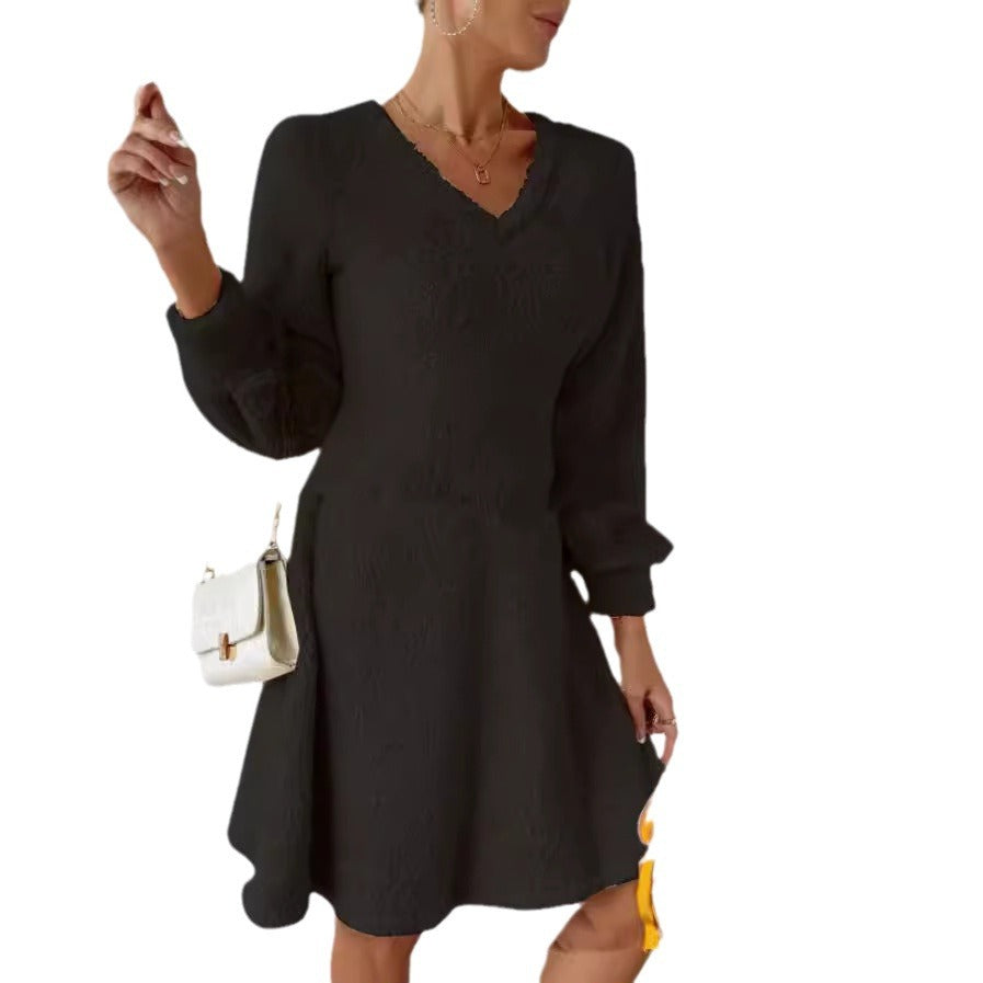 V-neck plush dress for women with long sleeves and flared hem Lune London
