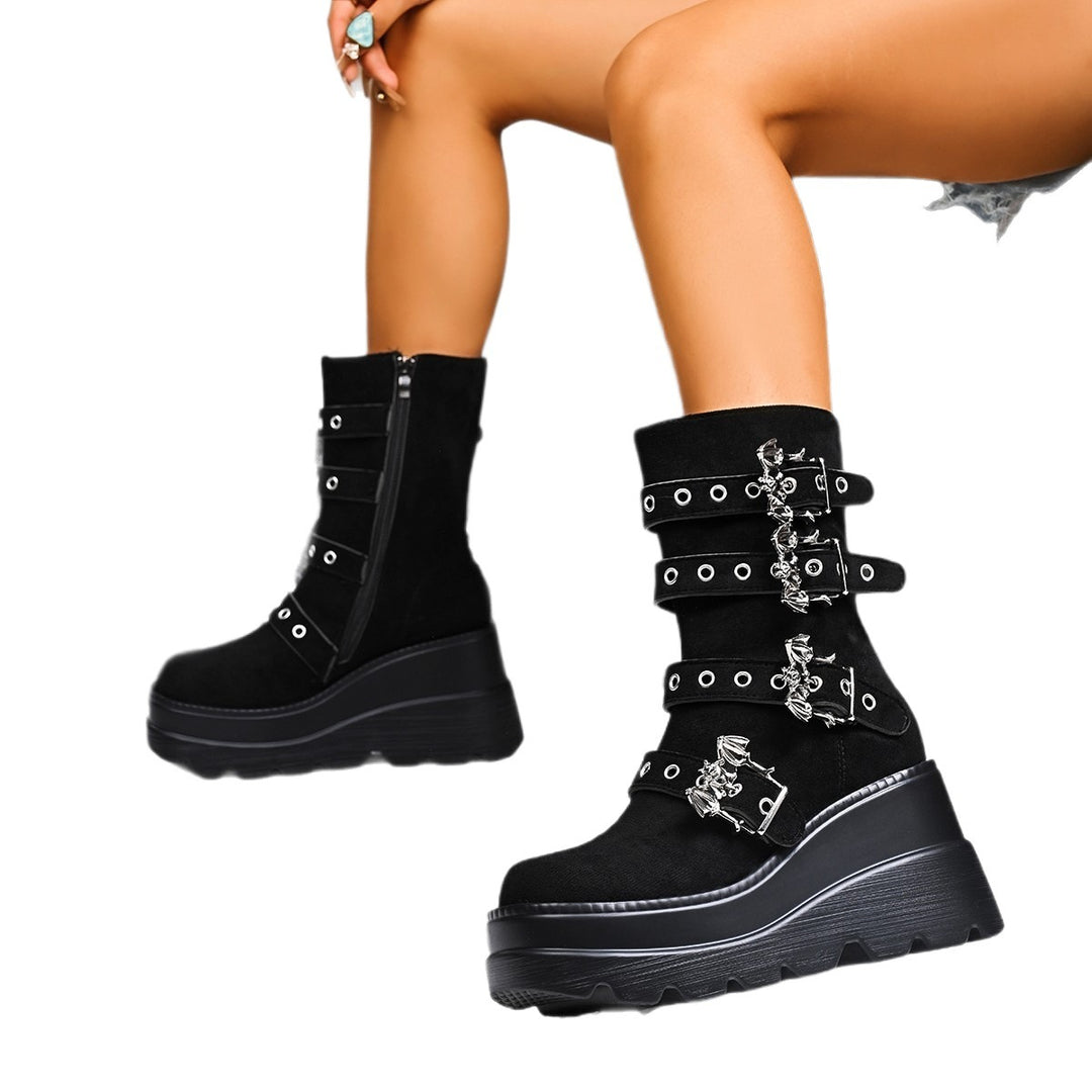 Wedge heel ankle boots for women with trendy buckles and non-slip sole Lune London