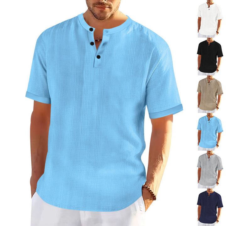 Men's short sleeve Henley t-shirt with textured design and trendy buttons Lune London