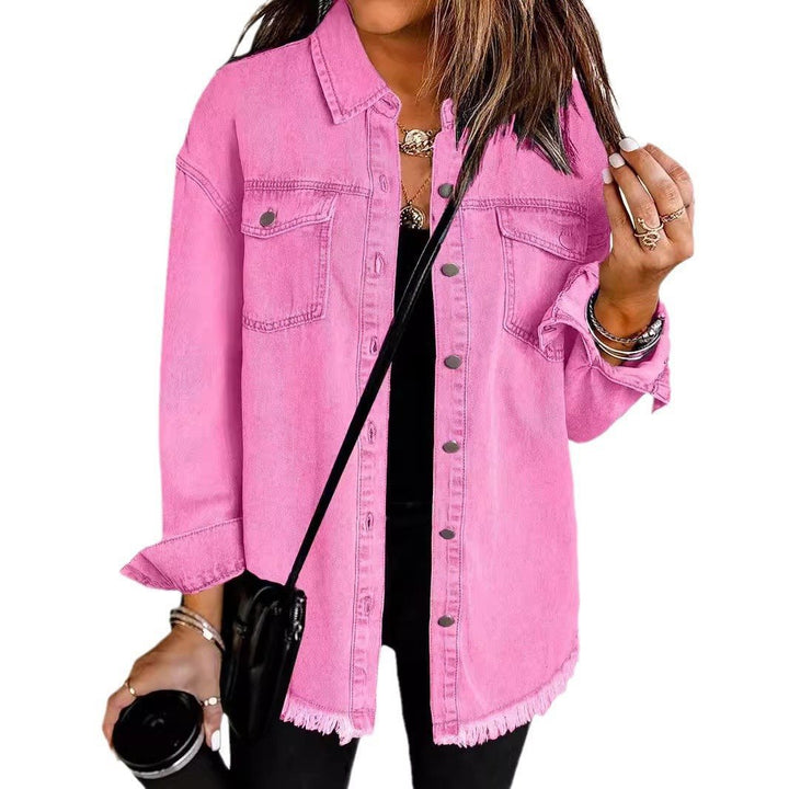 Casual denim jacket for women with frayed hems and patch pockets Lune London