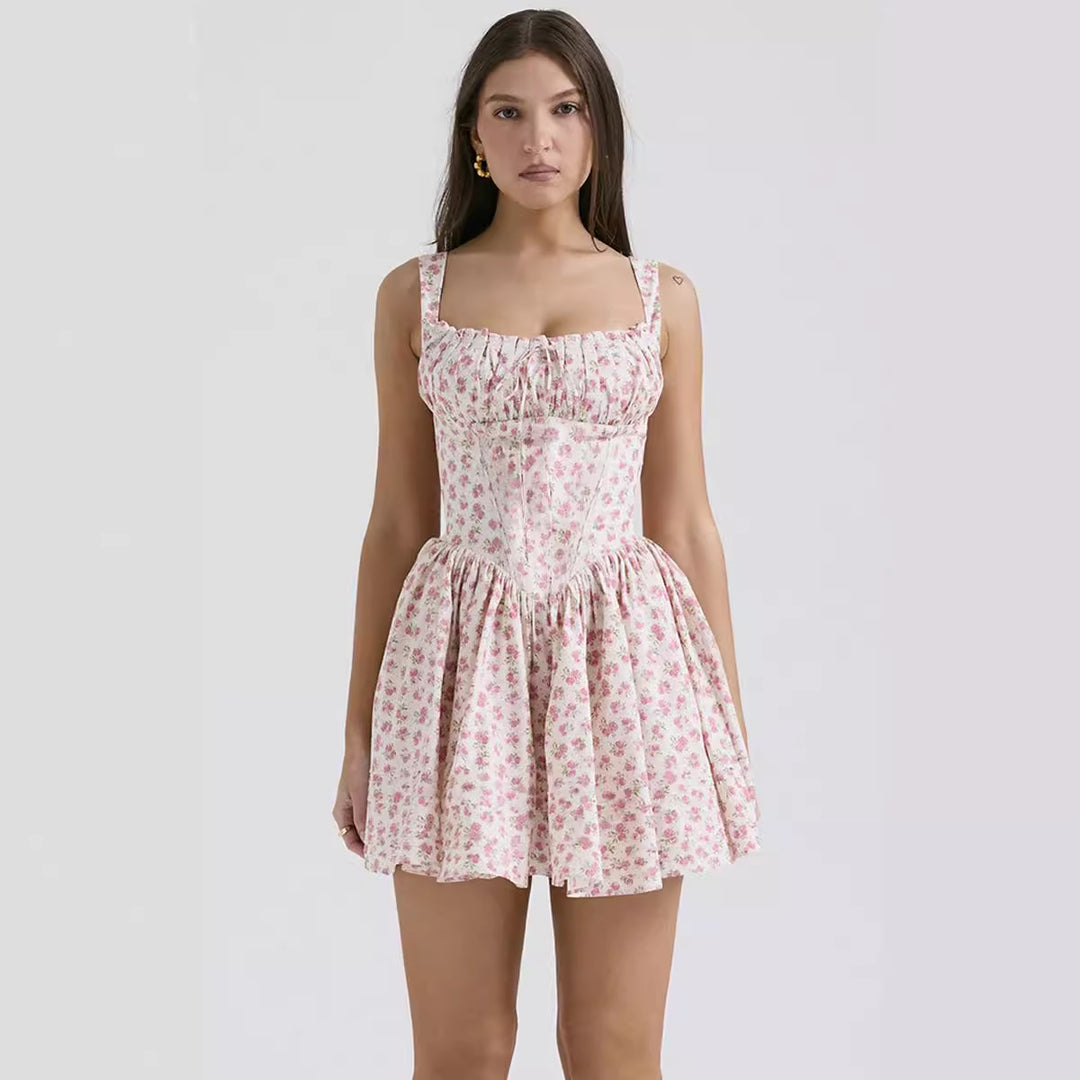 Summer Mini Dress for Women with Floral Accents and Ruched Body Chic & Stylish