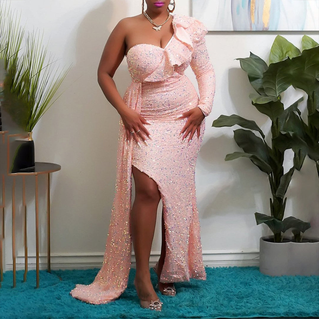 Women Elegant Off-Shoulder Maxi Dress with Shimmering Accents and Asymmetrical Design Lune London