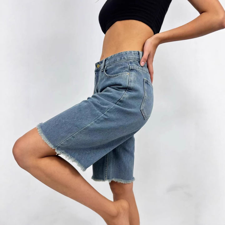 Women's Casual Denim Shorts with Frayed Hem and High Waist Lune London