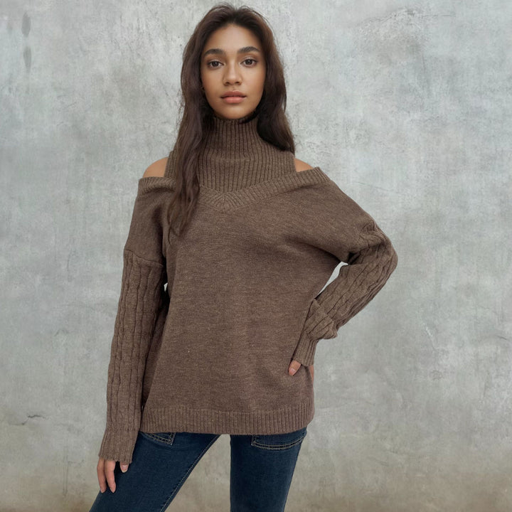 Women off-shoulder knit sweater with cable pattern and high collar Lune London