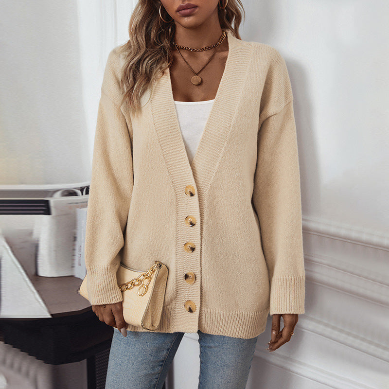 Ladies comfortable cardigan with button details and deep V-neck Lune London