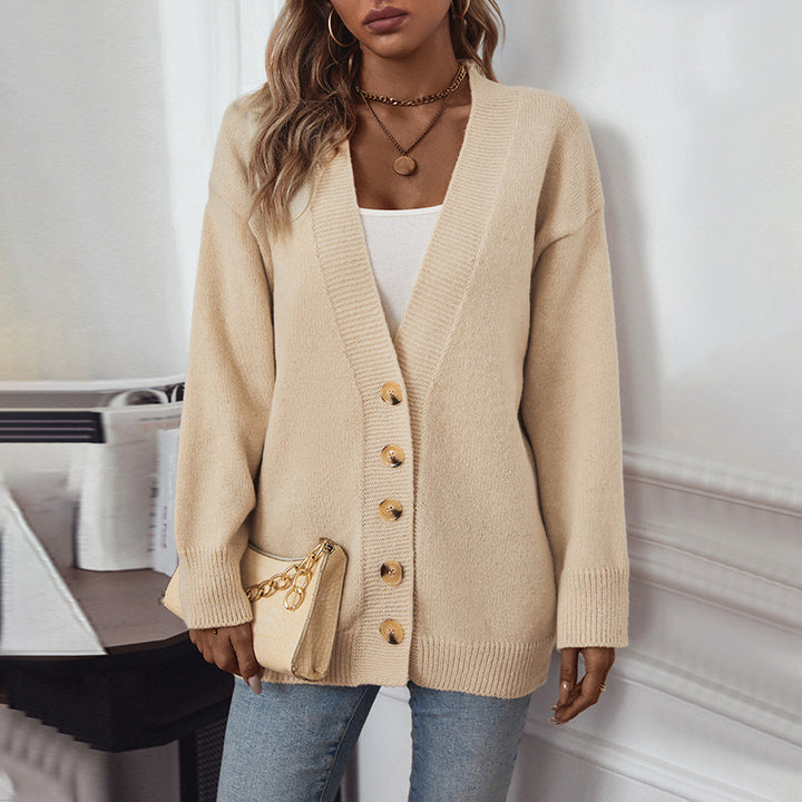 Ladies comfortable cardigan with button details and deep V-neck Lune London