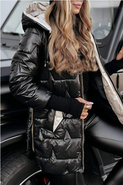Ladies long quilted jacket with hood and practical pockets Lune London