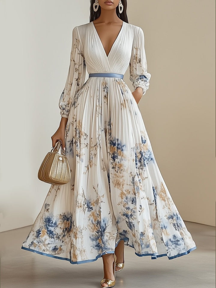 Women Magnificent Maxi Dress with Deep V-Neck and Floral Design Lune London