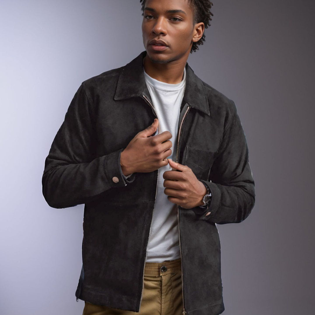 Men's suede jacket with high collar and practical chest pocket Lune London