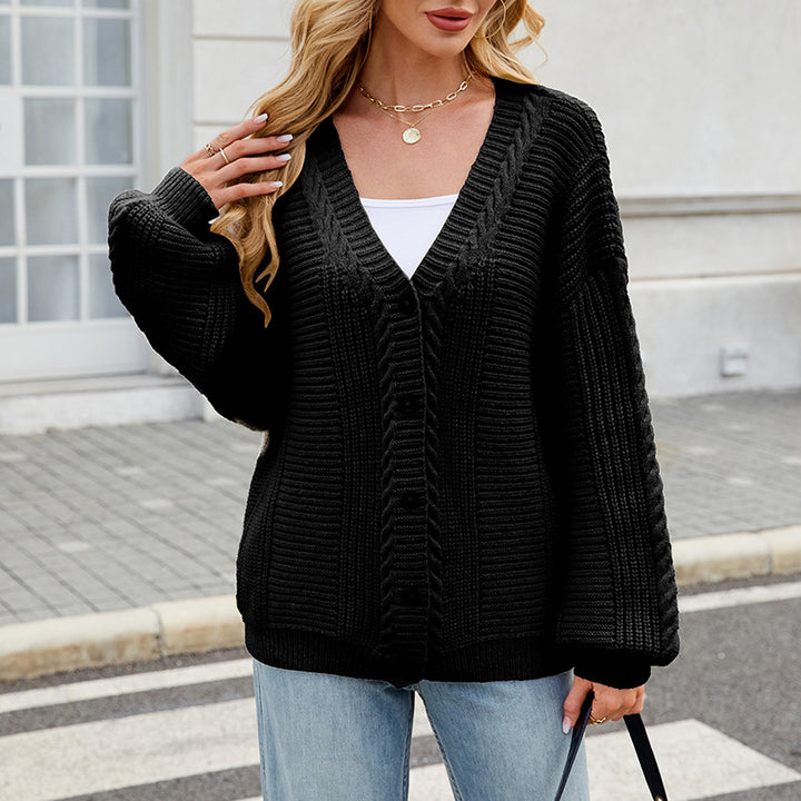 Ladies stylish knitted jacket with V-neck and button placket Lune London
