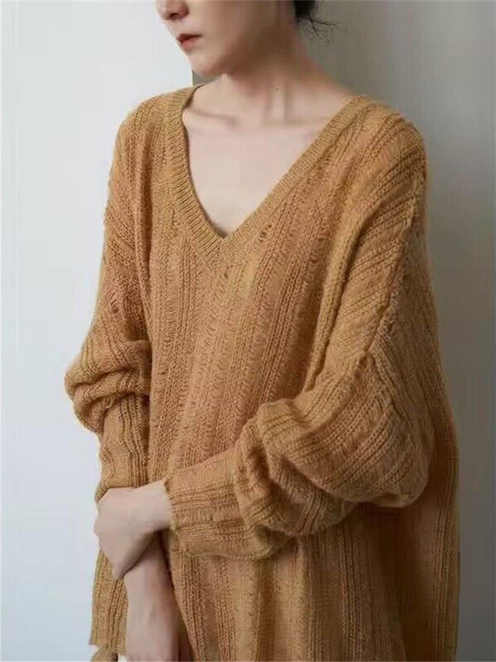 Pull en tricot épais pour femmes avec décolleté en V profond et coupe décontractée Chic & Stil