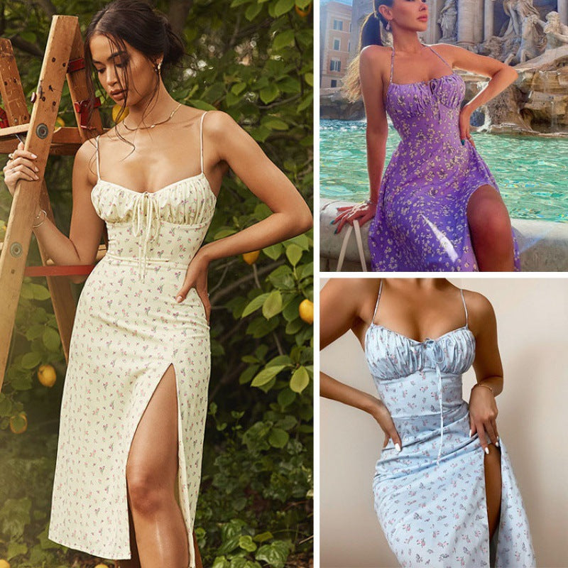 Maxi Dress with Floral Print for Women with Chic High Slit Design