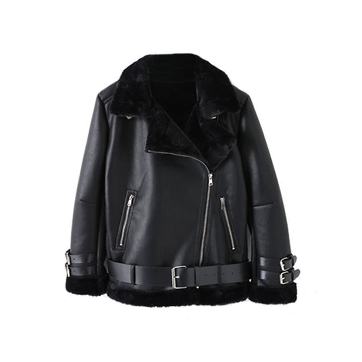 Fashion leather jacket for women with faux fur collar and asymmetrical zipper Lune London