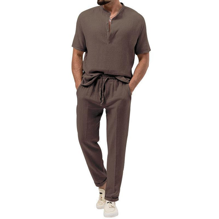 Men's short sleeve shirt fashion with Henley collar and casual jogger pants Lune London