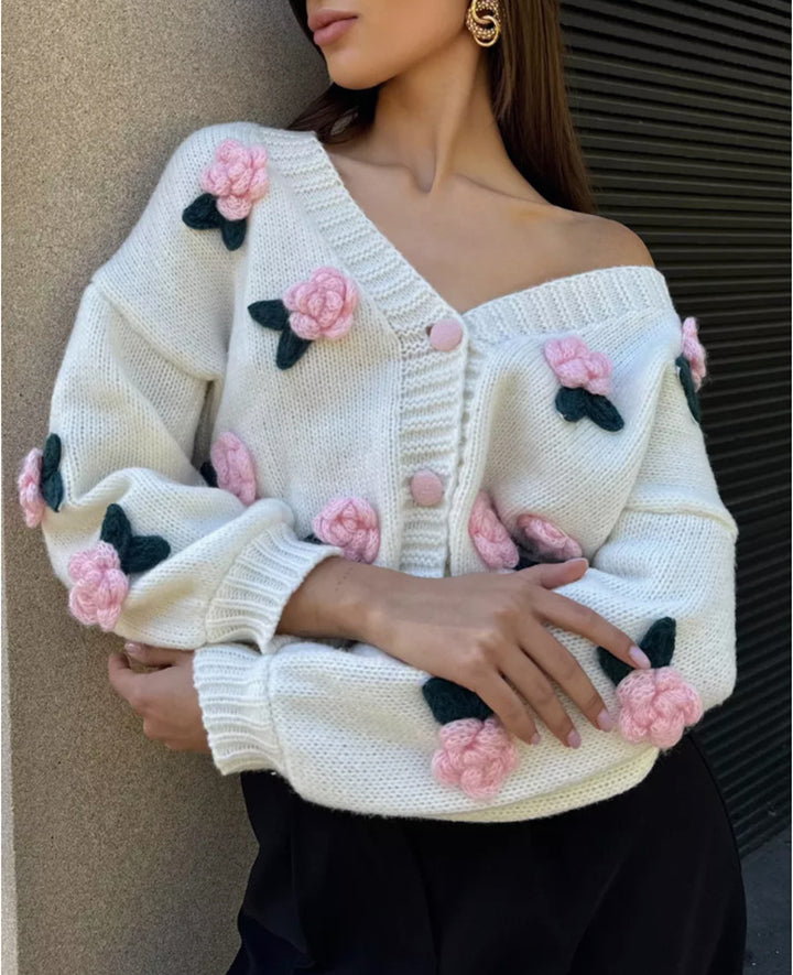Lady cardigan with embroidered floral design and ribbed edge Lune London
