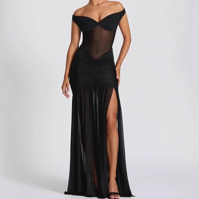 Ladies Elegant Off-Shoulder Maxi Dress with Ruffle Details and High Slit Lune London