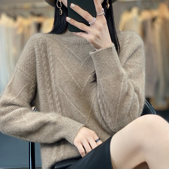 Ladies chunky knit sweater with innovative braid pattern and high turtleneck Lune London
