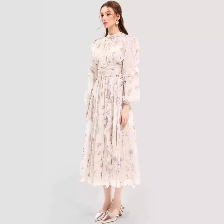 Women's midi dress with floral embroidery and elegant ruffled hem Lune London