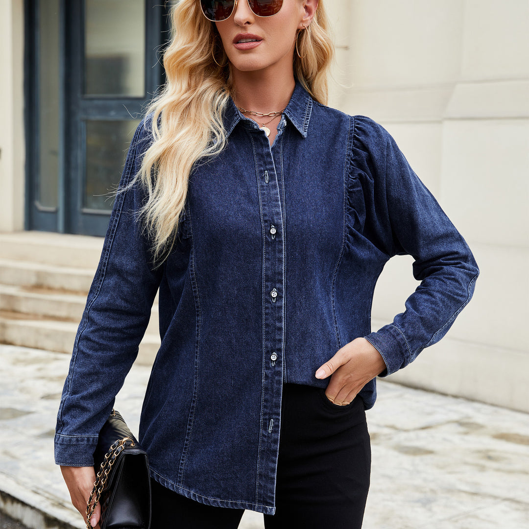 Denim blouse for women with ruffle details and a fitted cut Lune London