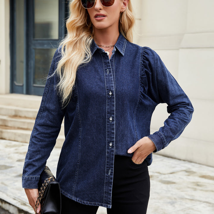 Denim blouse for women with ruffle details and a fitted cut Lune London