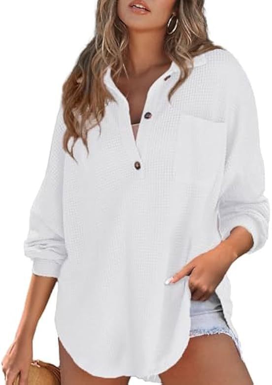 Casual waffle knit sweater for women with button placket and chest pocket Lune London