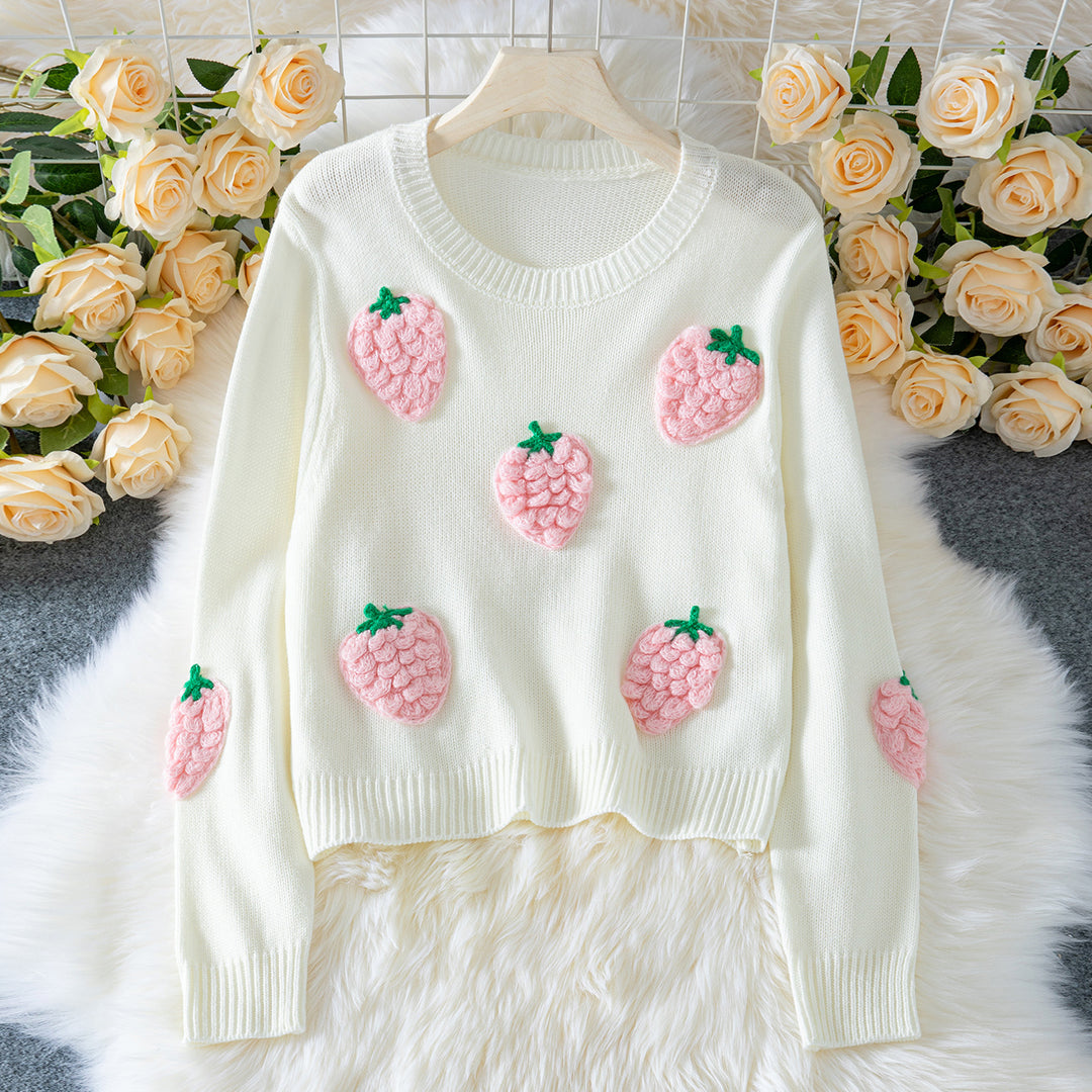 Knit sweater for women with strawberry appliqués and a relaxed fit Lune London