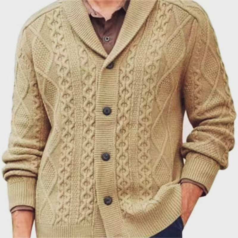Men's knitted jacket with a clear braid pattern and a modern high collar Lune London