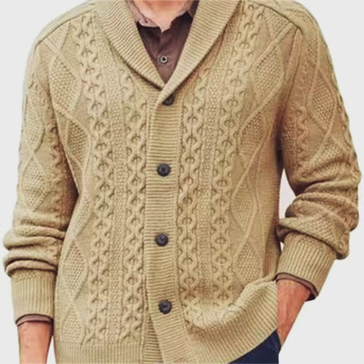 Men's knitted jacket with a clear braid pattern and a modern high collar Lune London
