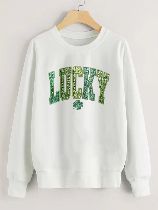 Sweatshirt décontracté pour femmes avec lettrage étincelant et motif de trèfle Chic & Stil