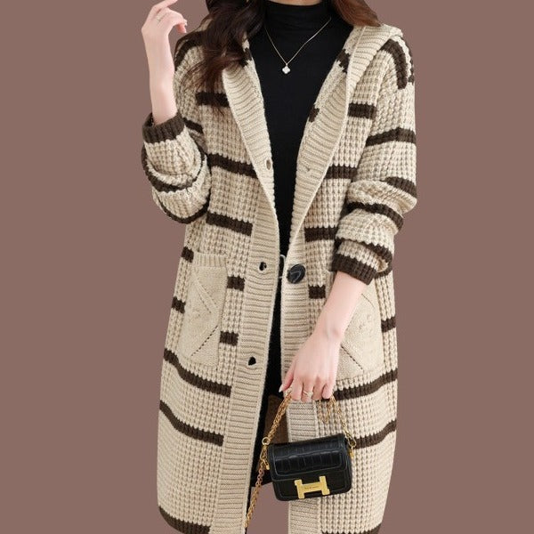 Ladies long cardigan with hood and striped pattern Lune London