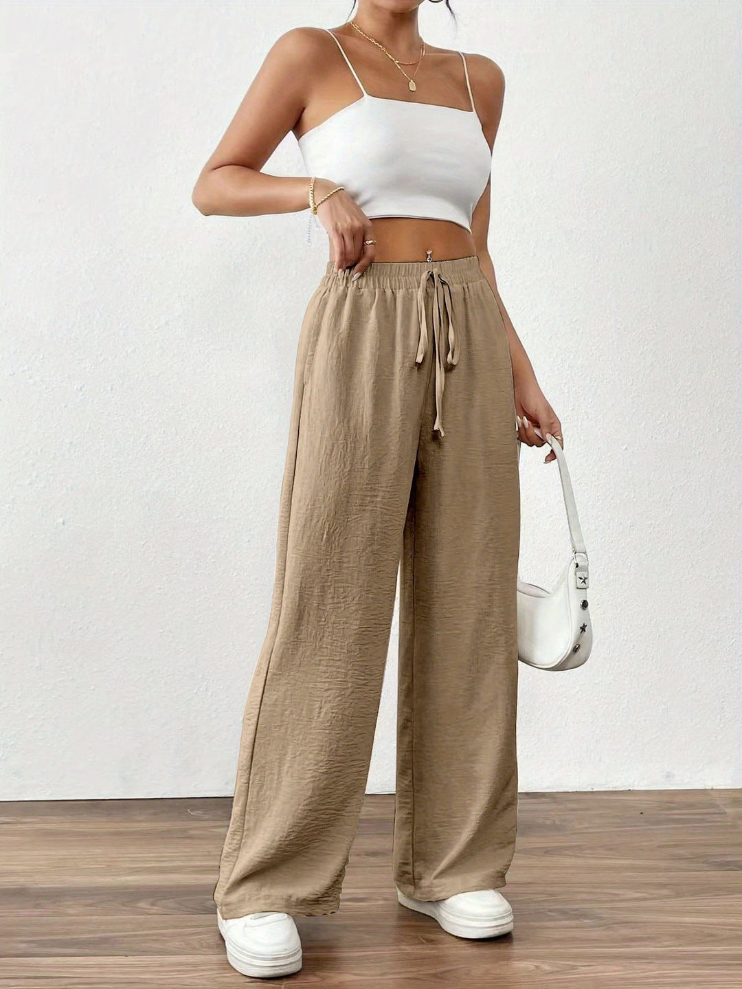 Wide Palazzo pants for women with elastic waistband and adjustable tie cord Lune London