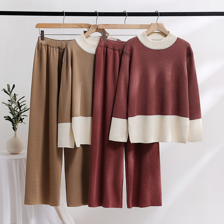 Elegant knit loungewear set for women with wide waistband and decorative collar Lune London