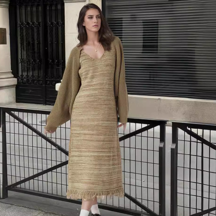 Knitted dress for women with wide U neckline and fringe hem Lune London