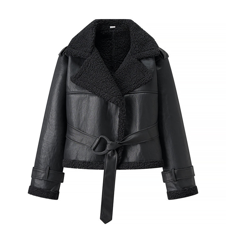 Veste en faux cuir pour femmes avec doublure en teddy confortable et ceinture à nouer Chic & Stil