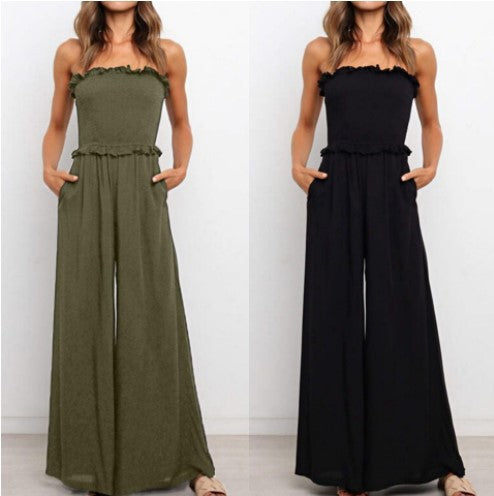 Strapless jumpsuit for women with wide legs and ruffled trim Lune London