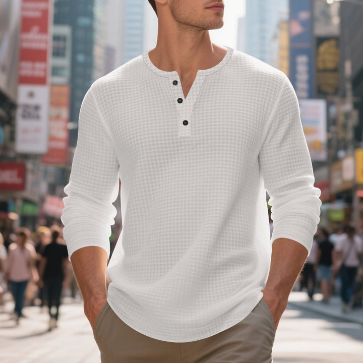 Casual long sleeve Henley T-shirt for men with textured design Lune London