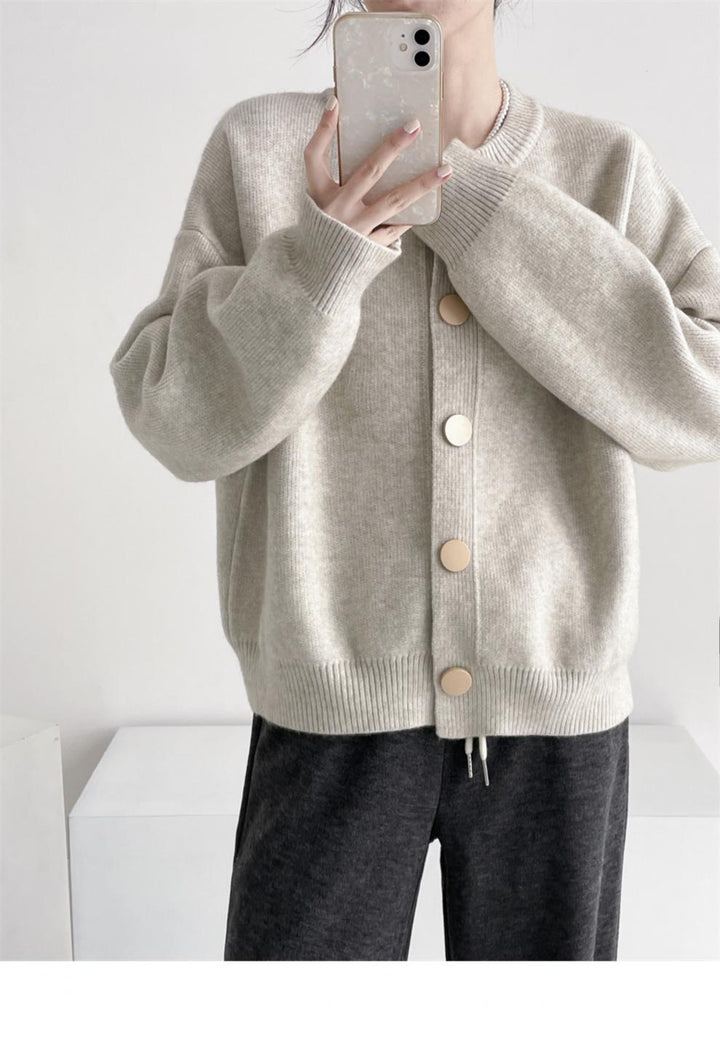 Oversized knit jacket for women with large wooden buttons and wide cut Lune London