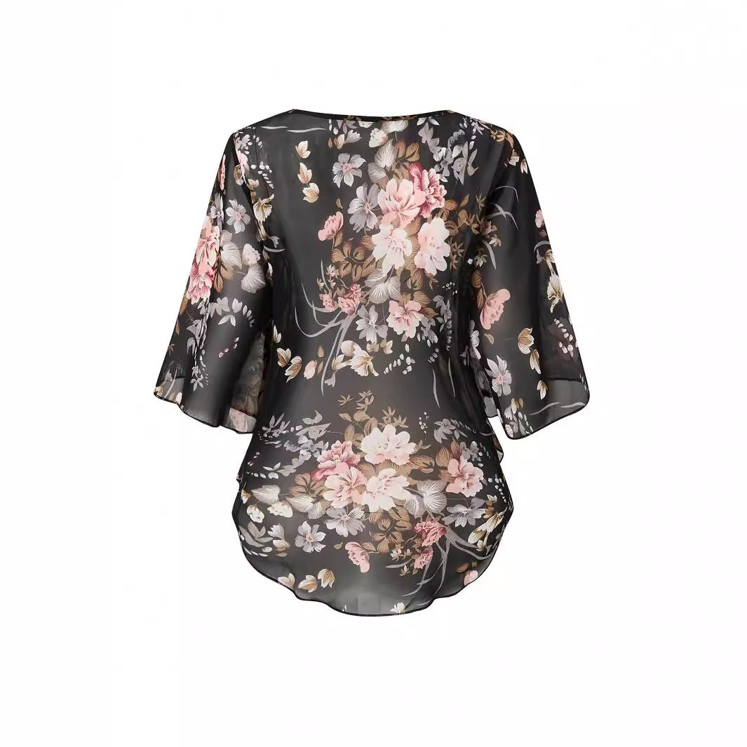 Chiffon blouse for women with ruffle sleeves and a floral pattern Lune London