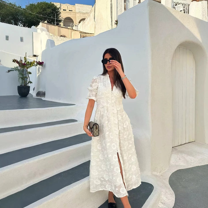 Maxi dress for women with floral embroidery design and elegant puff sleeves Lune London