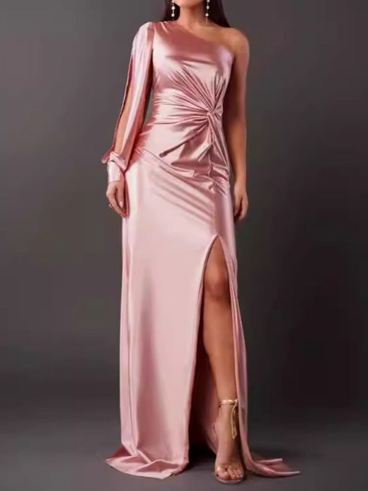 Women's Evening Dress with Asymmetric Neckline and Elegant Pleats Lune London