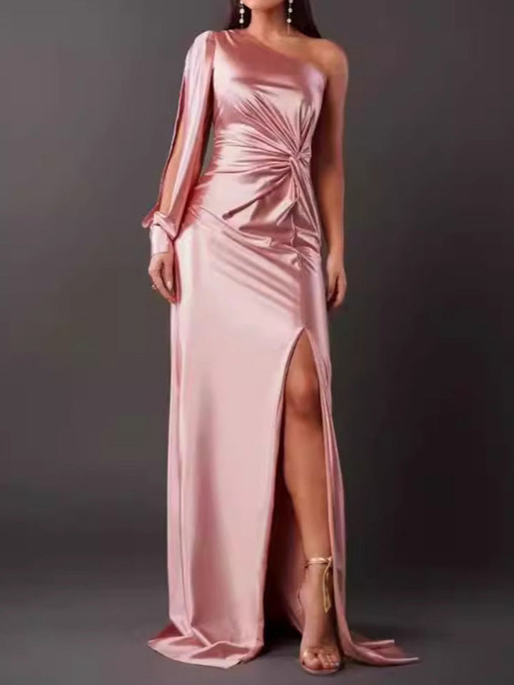 Women's Evening Dress with Asymmetric Neckline and Elegant Pleats Lune London