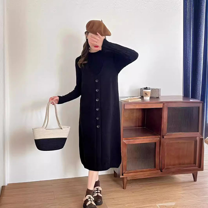 Sustainable knit dress for women with button placket and pockets Lune London